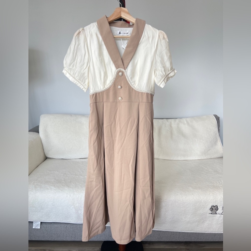 Women Doll Collar Breaded A-Line Elegant Two-Tone Pearl Trim Maxi Dress – Size M